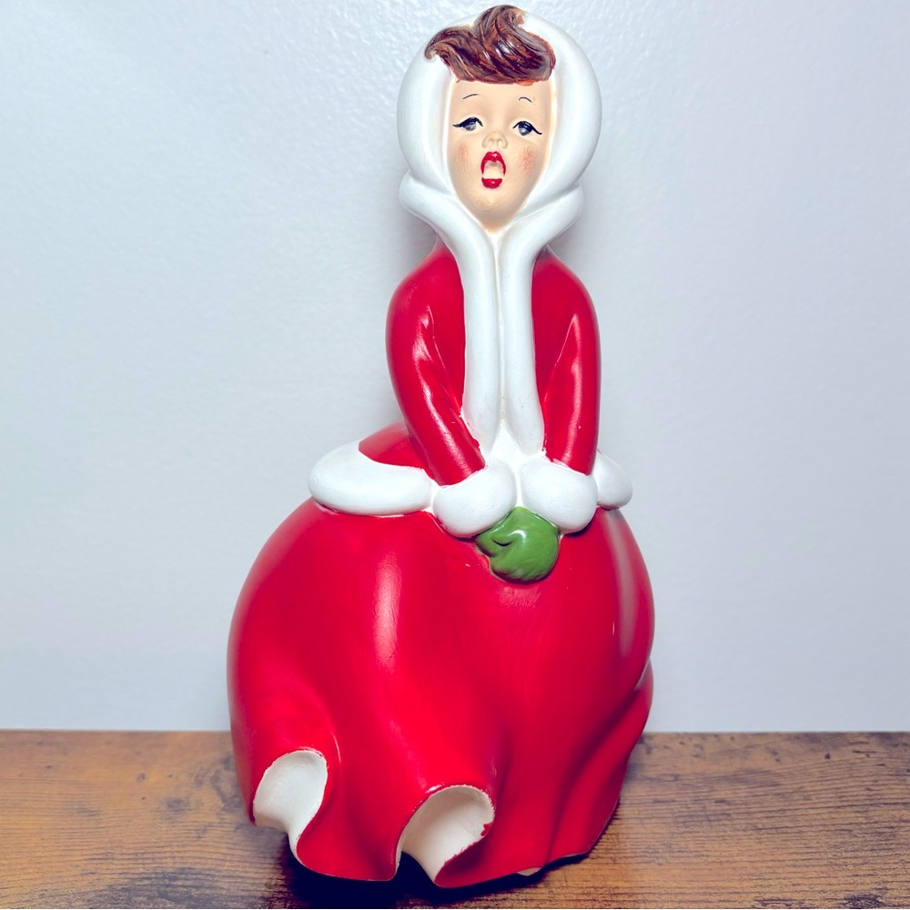 Vintage Hand Painted Atlantic Mold Ceramic Victorian Christmas Caroler Woman 8”